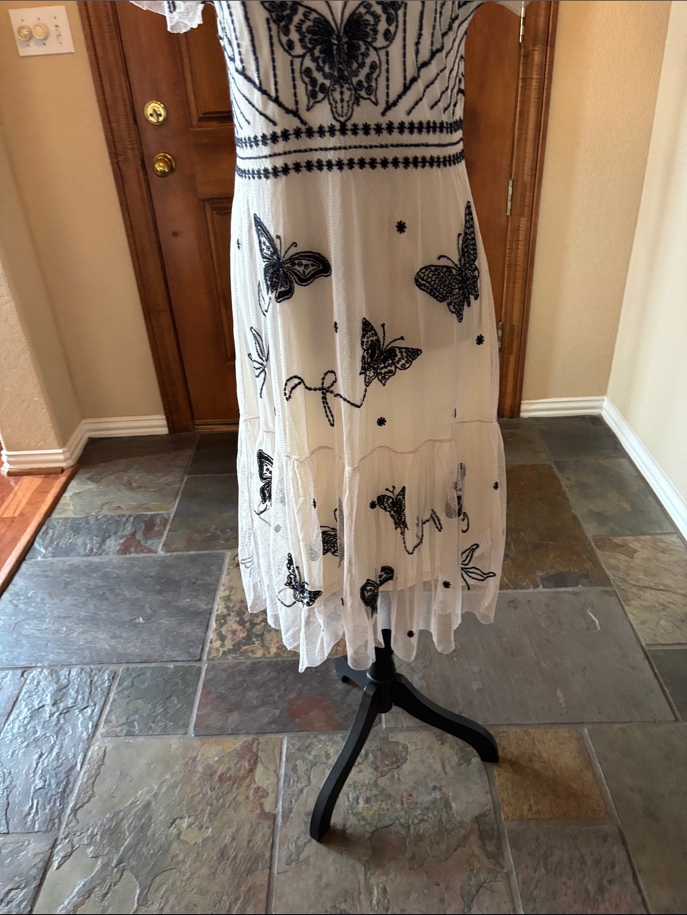 White Midi Dress with Black Butterfly Embroidery - Picture 3 of 6
